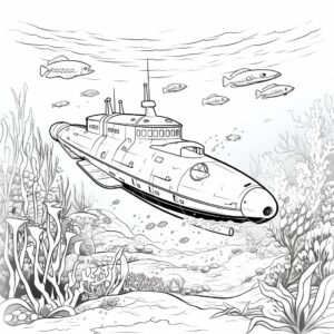 submarine underwater firing a torpedo, coloring book style, black and white