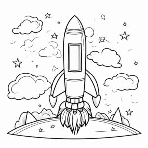 A cartoon rocket ship for children coloring book with crisp lines and white background-- ar17:22