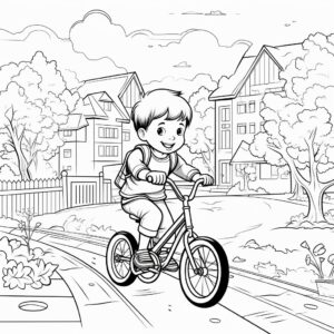 black and white coloring book for kids, kids engaging in active play, such as riding bikes or playing soccer, thick black lines, no shade, white background, clean line art ar 4 : 5