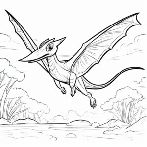 coloring page for kids, with Pterodactyl flying, cartoon style, thick lines, few details, no shadows