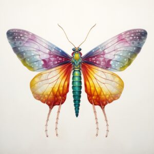 A rare insect with five pairs of wings, a pair of long antennae, and spots of seven different colors, Backlighting, pencil drawing, 64K, high resolution