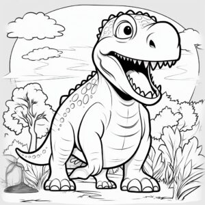 Create a coloring book page for kids featuring Tyrannosaurus Rex , cartoon style, thick line, no sketching, no shading, no colors except black for the outline, only use an external outline, clean background. ar 9:11