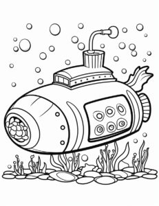 kids coloring page of a streampunk submarine under the sea , black lines on white page, simple line art, --no shading, 4k, --ar 17:22