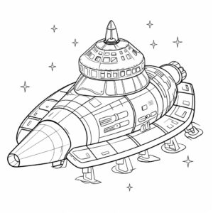 Coloring page for 4-year-old children, representing a large spaceship: Triangular shape spaceship The spaceship has four or more windows, all transparent (no color) Inside the spaceship, cheerful robots engage in playful activities. The propulsion system of the spaceship is depicted as anti-gravity technology. The environment is a vast space with stars and planets in the background. Crayon drawing. --no camera --style raw