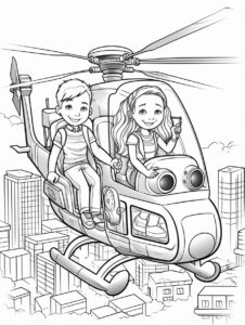 ouline cartoon young girl and boy riding a helicopter over the city white background for a colouring book --ar 9:12