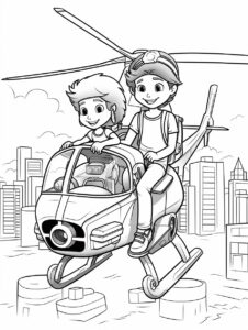 ouline cartoon young girl and boy riding a helicopter over the city white background for a colouring book --ar 9:12