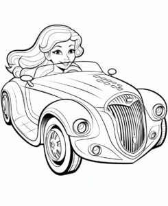 coloring page for kids barbie car, cartoon style, thick lines, low detail, no shading --ar 9:11