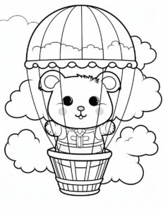 a cute hamster flying in a hot air balloon for coloring book with crips lines and white backround no shadow --ar 17:22