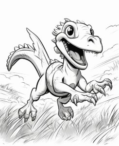 page in a childrens coloring book, a friendly velociraptor pack running on a great grass plane, cartoon style, low detail, thick lines, black and white, no shadow, --ar 9:11