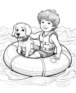 coloring page for kids cartoon style, no color, no shading, white background, child on an inflatable in the sea --ar 9:11