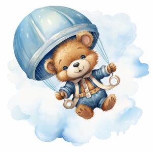 Super cute little teddy bear three months old character, flying in a blue plan, by Brigette Barrager, Watercolor clipart in the style of nursery art children's book character, character sheet, hand drawn, white background --stylize 50