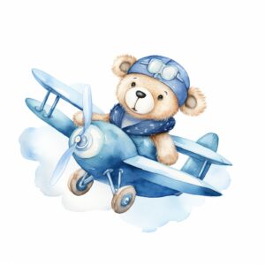 watercolor, simple, Hand drawn doodle in the style of a children's book illustration, cute bear flying in a blue airplane, flat vector illustration, wearing blue pilot hat, wearing blue and white scarf, isolated white background --stylize 30