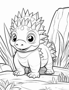 a simple black and white coloring page for children, Chibbi style, Stegosaurus standing on a log, thick lines, low detail, white background, --no grayscale, --ar 17:22