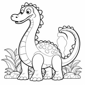 Cute Diplodocus for coloring book,cartoon style, --no background, front view , sitting ,thick line, low detail, no shading, colour ,--ar 9:11 --style raw