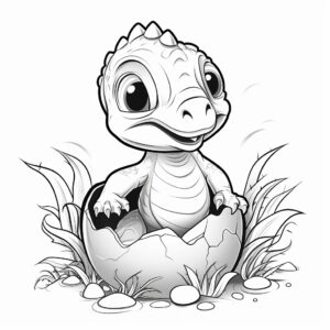 baby dinosaur hatching from egg for coloring book for kids, only lines, black and white, only dinosaur.