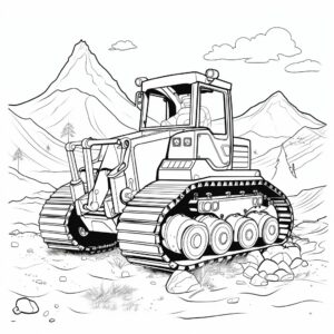 coloring page for children age of 3, black and white, Create a scene with a cheerful bulldozer. Keep the design basic with a cute face on the front blade. The bulldozer is on a construction site, pushing soft piles of dirt or colorful blocks. A little bird can be perched on top of the bulldozer, adding an element of charm.