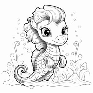 a cute seahorse with black and white vector chibi style , coloring page with disney style