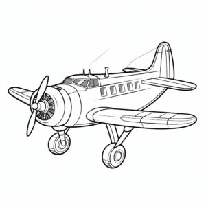 Coloring page for kids, airplane, funny, simplest line drawing, cartoon style, thick lines, no detail, no shading, black and white, no background