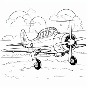 Coloring page for kids, big war airplane, funny, simplest line drawing, cartoon style, thick lines, no detail, no shading, black and white, no background