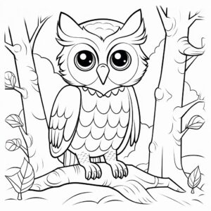 a cute owl in the forest, coloring book for kids, cute, owl, black and white, black outline coloring pages for kids, black and white, colouring book, relaxation, drawing, simple, artistic, 4