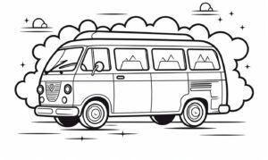 Coloring book, cute cars, under the clouds, illustration for children, Keith Haring style, simple details, cartoon, bold lines, black and white, minimalism, white background --ar 5:3