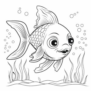 black and white coloring page for kid, cute underwater seen with fish, cartoon style, thin line, no shading Variations (STRONG)