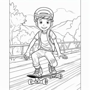 colouring page for kids, black and white, cartoon skateboard player, easy to color, bold lines, line art