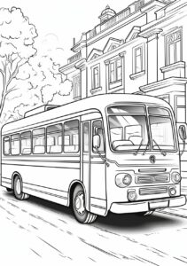 coloring page for kids,sightseeing bus(touring bus,With a background,cartoon style,thin lines,low detail,no shading --ar 210:297