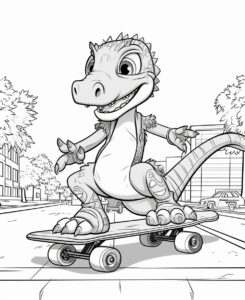 coloring page for kids, cute Velociraptor in a skateboard , in a city rest area, cartoon style, low detail, thick lines, no shading, no shadows --ar 9:11