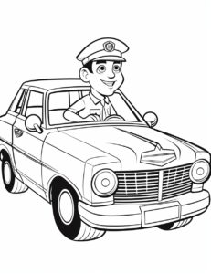 Police car Police officer Drawing, hand-drawn cartoon police and criminals. Cartoon, Black and white, no shading, thick line art for a children's colouring book. --ar 85:110 --style raw --stylize 50