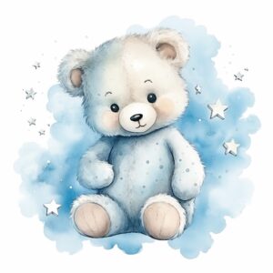 watercolor teddy bear clipart and illustrations, in the style of light sky-blue and light silver, childhood arcadias, detailed skies, dar