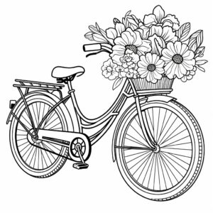 A coloring page in the style of outline ink: a vintage bicycle with a basket full of poppies; in the style of Art Nouveau, graphic black outlines --no shades --style raw