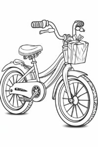 black and white coloring page for kids, cartoon style, Christmas tricycle present with a bow, vector line art, detailed, black lines only --no shades or greytones --ar 2:3