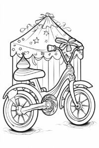 black and white coloring page for kids, cartoon style, Christmas tricycle present with a bow, vector line art, detailed, black lines only --no shades or greytones --ar 2:3