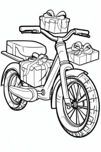 black and white coloring page for kids, cartoon style, Christmas tricycle present with a bow, vector line art, detailed, black lines only --no shades or greytones --ar 2:3