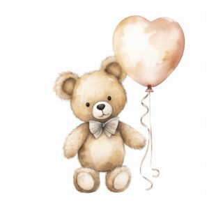 watercolor cute teddy bear holding a balloon, light neutral color, minimalist design, no background