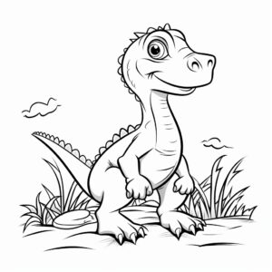 simple black and white wire frame colouring page for kids cartoon style cute Deinonychus dinosaur no shading --stylize 50