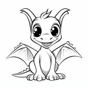 simple black and white wire frame colouring page for kids cartoon style cute Pterodactyl dinosaur no shading --stylize 50