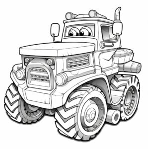 cute friendly bulldozer truck with smile, children coloring book style, black and white, no shading, cartoon style