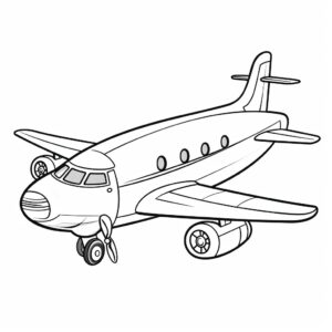 basic simple cartoon airplane outline, isolated on white background, children's coloring page, thick crisp lines, black and white, outline art, coloring book, no noise