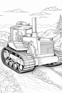 coloring pages for kids, a bulldozer pushing dirt, carton style, thick lines, low details, black and white, no shading --ar 2:3