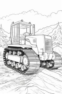 coloring pages for kids, a bulldozer pushing dirt, carton style, thick lines, low details, black and white, no shading --ar 2:3