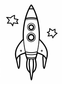 extremely simple cute image of a space rocket. The image must be in kids coloring page for coloring book. Image must be on a solid white background and have thick black lines. --ar 17:23