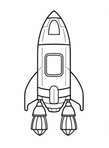 extremely simple cute image of a space rocket. The image must be in kids coloring page for coloring book. Image must be on a solid white background and have thick black lines. --ar 17:23