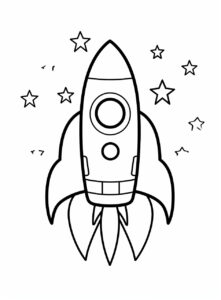 extremely simple cute image of a space rocket. The image must be in kids coloring page for coloring book. Image must be on a solid white background and have thick black lines. --ar 17:23