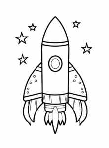 extremely simple cute image of a space rocket. The image must be in kids coloring page for coloring book. Image must be on a solid white background and have thick black lines. --ar 17:23