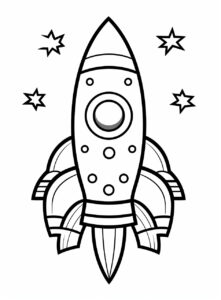 extremely simple cute image of a space rocket. The image must be in kids coloring page for coloring book. Image must be on a solid white background and have thick black lines. --ar 17:23