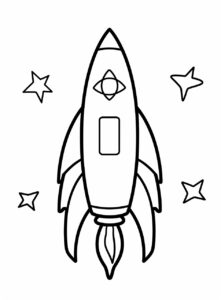 extremely simple cute image of a space rocket. The image must be in kids coloring page for coloring book. Image must be on a solid white background and have thick black lines. --ar 17:23