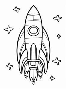 extremely simple cute image of a space rocket. The image must be in kids coloring page for coloring book. Image must be on a solid white background and have thick black lines. --ar 17:23