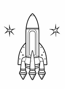 extremely simple cute image of a space rocket. The image must be in kids coloring page for coloring book. Image must be on a solid white background and have thick black lines. --ar 17:23